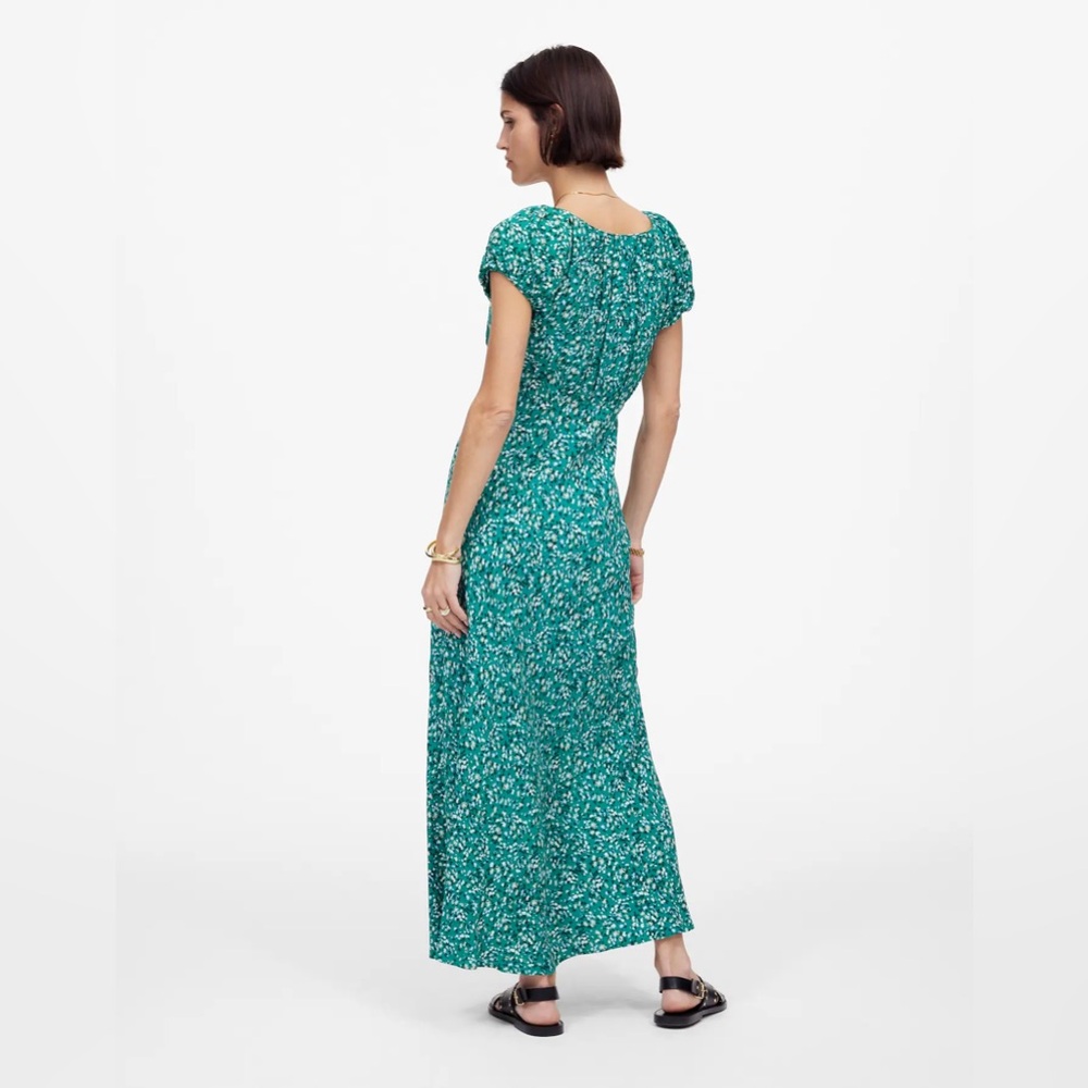 NWT MaRuched Scoopneck Midi Dress Green Floral Sz 10 bottom 8” shredded dress - Picture 4 of 13